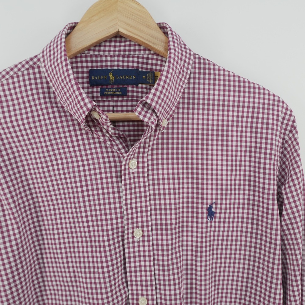 Ralph Lauren Performance Shirt Mens M Burgundy Gingham Classic Fit Long Sleeve